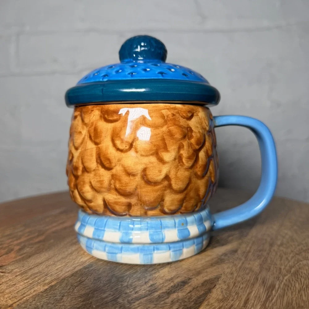 West Elm Rachel Kozlowski Dapper Animal Owl Mug with lid hand painted